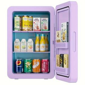 키키후스 22L / 30캔 침실용 미니 냉장고, 12V 휴대용 쿨러 & 워머, 전면 유리 카 오피스 데스크 및 기숙사 식음료 스킨케어 메이크업 보라색