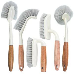 나무 손잡이가 있는 아토쇼 5팩 헤비 듀티 스크럽 브러시 세트, 주방, 욕실, 타일 및 그라우트용 다목적 스크러버, 구면, 삼각형, 사각형 접시 브러시가 포함되어 있어 고집스러운 얼룩을 방지합니다
