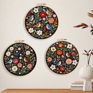 초보자를 위한 자수틀이 포함된 핸드메이드 키트, 꽃과 새 패턴 크로스 스티치 원단, 바늘과 실 홈데코