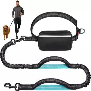 GECCE 지퍼 파우치가 있는 핸즈 프리 개 목줄 중대형견용 듀얼 패딩 핸들 러닝 걷기 하이킹 접이식 번지