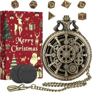 스팀펑크 중공 기어 포켓 워치 쉘 케이스가 포함된 미니 DND 주사위 세트 7피스 메탈 다면체 D 선물 상자