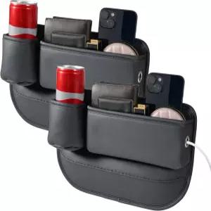 2팩 PU 가죽 카시트 틈새 정리함 측면당 컵 홀더 1개 휴대폰 열쇠 음료왼쪽+오른쪽를 위한 11.2 x8.3 x2.5