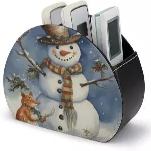FoodPand 겨울 눈사람 TV 리모컨 홀더 PU 가죽 다기능 미디어 플레이어 보관함 5개의 안경 펜 DVD 수납