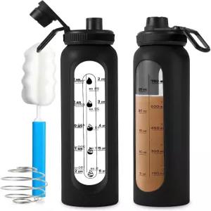 리듬핏 유리 셰이커 병 34온스/1L 블랙 단백질 믹스용 볼 대형 체육관 운동용 휴대용 파우더 믹서 블렌더