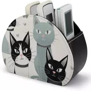 QMNBTES PU 가죽 고양이 TV 리모컨 홀더 5 슬롯 데스크톱 정리함 펜 메이크업 브러시용 블랙 홈 오피스