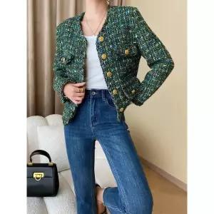 트위드 자켓 여자 린넨 크롭 코트 여성 가죽 청 재킷 고급 올드 머니 스타일 에메랄드 프렌치 양모 핸드 우