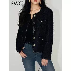 트위드 자켓 여자 린넨 크롭 코트 여성 가죽 청 재킷 EWQ 여성용 하이 엔드 스팽글 스플라이스 블랙 라운드
