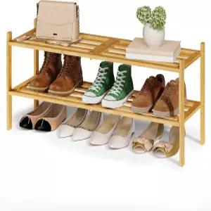 옷장용 송믹스 대나무 신발장 모듈식 구조의 스태커블 신발 오라그니저 공간 절약형 무료 스탠딩 선반 2단