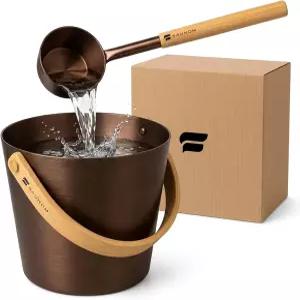 현대적인 북유럽 디자인의 SAUNOM 럭셔리 알루미늄 사우나 버킷 및 국자 세트 - 대나무 손잡이가 있는 양극