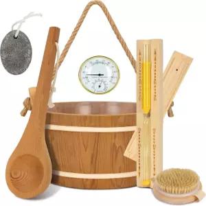 사우나 액세서리 키트 6PCS 캐나다 프리미엄 레드 시더 우드 버킷 및 국자 세트와 온열 습도계 모래 타이머