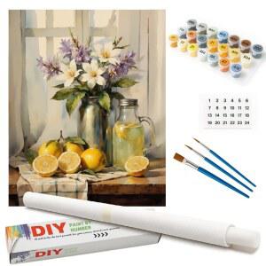 숫자 키트로 그린 정물화 - 롤링 캔버스에 16x20인치 창문 페인팅으로 그린 DIY 레몬과 꽃, 아크릴 페인트 세트, 초보자에게 적합, 홈 데코 또는 선물용 아트
