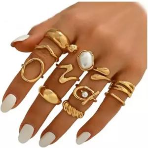 여성용 UYY 청키 골드 반지 바로크 진주 꽃 호랑이 눈 돌 조절 가능 스태킹 문구 세트 패션 주얼리 선물