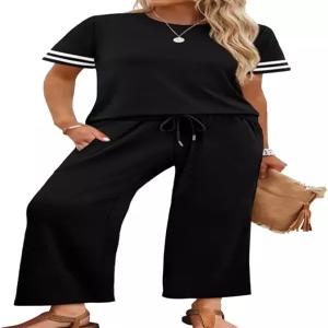 위홀 여름 여성용 투피스 세트 라운지 반팔 상의 와이드 레그 팬츠 휴가 여행 의상