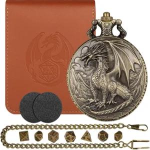 스팀펑크 레드 드래곤 포켓 시계 쉘 케이스가 포함된 미니 D 주사위 세트 작은 7개의 다면체 금속 DND 가죽