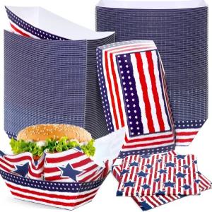 베시시 7월 4일 종이 음식 트레이 블루 화이트 레드 스타즈 현충일 독립기념일 베테랑 파티를 위한 왁스