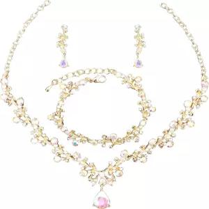 여성용 3Pc 오스트리아 크리스탈 주얼리 세트 금/플래티넘/건 도금 목걸이 귀걸이 링크 팔찌 신부 들러리를