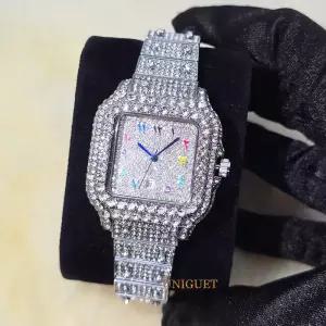 여성용 미니 시계 다이아몬드 아이스 화려한 숫자 블루 포인트 사각 다이얼 작은 손목시계 럭셔리 드롭쉬핑