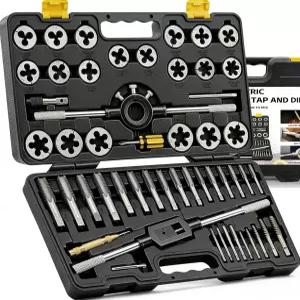 KJE 52PCS 대형 SAE 탭 앤 다이 세트 점보 크기 1/4 -20 -1 -14 내부 및 외부 스레드용 레싱 도구 체이서가