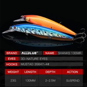 올블루 샹크스 130MR SP 낚시 루어 서스펜드 저크베이트 23g 웨이트 무빙 시스템 롱 캐스트 워블러 2.5m