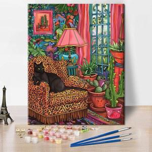 성인 초보자를 위한 숫자별 색상 성인을 페인트 키트 레오파드 프린트 의자에 검은 고양이가 앉아 있는 화려한 가정 장식용 DIY 아트 페인팅 16X20 인치