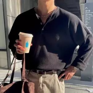 언레프 남자 와플 헨리넥 긴팔티 루즈핏 오버핏 데일리 티셔츠