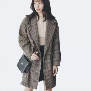 여성 루즈핏 스타일 모직 소재 데일리 외출 체크 패턴 자켓