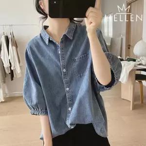 [헬렌] 청 퍼프 반소매 데님 셔츠 남방 여름 캐주얼 블라우스 젠퍼프데님셔츠 B-947