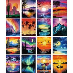어메이징스파크 선셋 풍경 페인팅 캔버스 16개 사전 드로잉 캔버스 늘어뜨린 프린트 칸바 벌크 8인치 x 10인치 Sip 및 페인트 키트 아티스트 DIY 아트 크리스마스 파티 성인 데이트 밤용