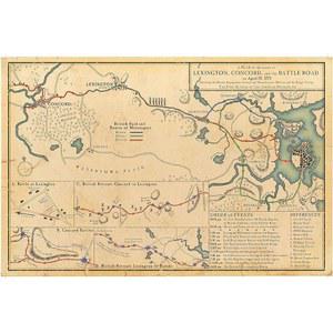 사건을 미술 인쇄물 전투의 지리와 중요한 지도 혁명 전쟁 도로의 렉싱턴 전투 묘사한 지도 콩코드