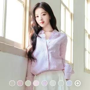 백화점 지오다노 노정의 여자 셔츠 루즈핏 린넨 혼방 무지스트라이프 긴팔 남방 346510