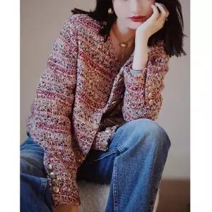 여자 가을 라운드넥 샤오샹 상의 코트 숏무드 트위드 프렌치 OP3