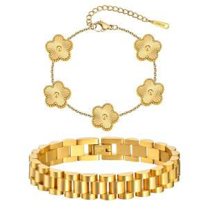 스태커블 골드 플로럴 팔찌 세트, 2pcs 18K 골드 도금 팔찌 무타색, 스테인리스 스틸 링크 체인 우정 팔찌, 시계 밴드 트렌디 주얼리, 크리스마스 발렌타인 생일 선물 여성용