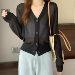 파스텔톤 시원한 브이넥 시스루 니트 가디건 데일리 베이직 여름