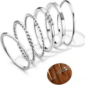 여성용 변색 방지용 FIBO Steel 14K 금도금 스태커블 링 - 앙증맞은 큐빅 지르코니아 얇은 세트