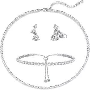 타티바나 크리스탈 웨딩 주얼리 세트 실버 목걸이 귀걸이 팔찌 신부 들러리 무도회 의상 액세서리용 결혼