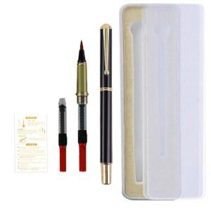 화카일 휴대용 포켓 메탈 분수 브러시 펜 케이스, 리필 가능한 유연한 브러시 팁 캘리그라피 펜(블랙 펜 1개, 펜 팁 1개, 잉크 컨버터 3개)