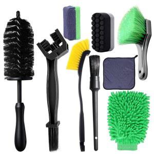 9 팩스 모터사이클 청소 키트, 체인 / 타이어 / 휠 / 엔진 브러시, 하드 리치 브러시가 포함된 모터사이클 오버롤 청소 도구 키트 워시 미트 타월 어플리케이터 연마 스펀지, 자동차 자전거 체인 청소 키트