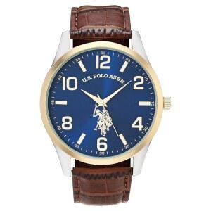 미국 폴로 어센. 블루 선레이 다이얼 골드 톤 베젤과 브라운 인조 가죽 스트랩 u2013 클래식 쿼츠 타임피스가 포함된 남성용 아날로그 드레스 워치, 손목에 맞는 박스 포함 5.5-8인치