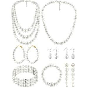 결혼식 신부 샤워 파티를 위한 여성용 BBTO 8개 진주 목걸이 및 귀걸이 세트 인조 진주 팔찌 코스튬 주얼리 세트