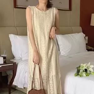 크로쉐 레이스 민소매 롱원피스 내추럴 휴양지룩 (HSJ-WFK80BC)