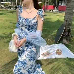 어깨 끈 묶음 꽃무늬 롱 원피스 플라워원피스 여름 (HSJ-WC69296)