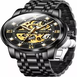OLEVS 남성 자동 시계 스켈레톤 다이아몬드 럭셔리 기계식 셀프 와인딩 드레스 손목 방수 발광
