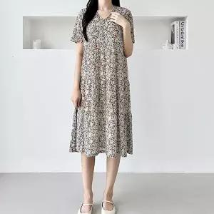 여자 편안한 까실이 소재 브이넥 플라워 패턴 캉캉 반팔 원피스 (HSJ-WFIUAJX)