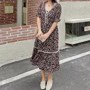 플라워 패턴 여성 봄 쉬폰 롱원피스 허리밴딩 반팔 (HSJ-WDDB1FB)