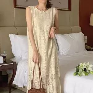 크로쉐 레이스 민소매 롱원피스 내추럴 휴양지룩 (HSJ-WFK80BC)