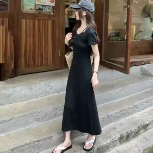 셔링 반팔 드레스 블랙 여름 무지 원피스 (HSJ-WFHMF56)