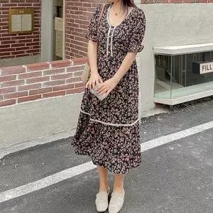 플라워 패턴 여성 봄 쉬폰 롱원피스 허리밴딩 반팔 (HSJ-WDDB1FB)