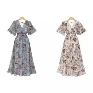 시원한 플라워 패턴 랩디자인 롱 원피스 파티룩 패션 (HSJ-WFE4BE1)