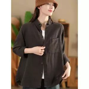 마이진 여성 가을 루즈핏 롱 셔츠 블라우스 빈티지 샌드 워싱 컬러의 린넨 싱글 긴팔 가디건 블레이저 ADO