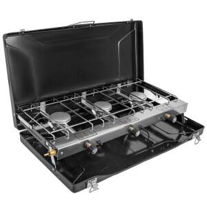 FINEFLAME 버너 프로판 캠핑 스토브 19800 BTU 3개의 조절 가능한 버너와 푸시 버튼 즉각적인 점화가 있는 휴대용 캠프 그릴 내장 운반 손잡이